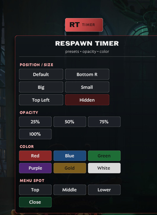 Respawn Timer Edit panel
